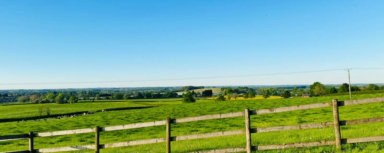 Green fields behind a post and rail fence under a clear blue sky